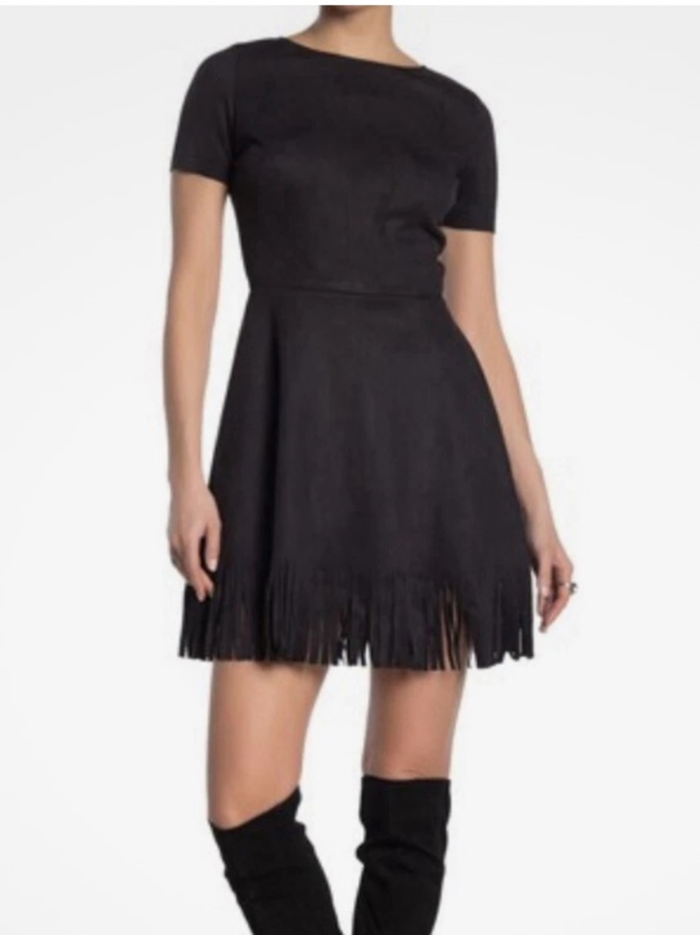 Love…ady Black Faux Suede boho Fringe Hem short sleeve Mini Dress L